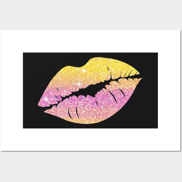 Bright Pink Yellow Ombre Faux Glitter Lips Wall Art by Felicity-K